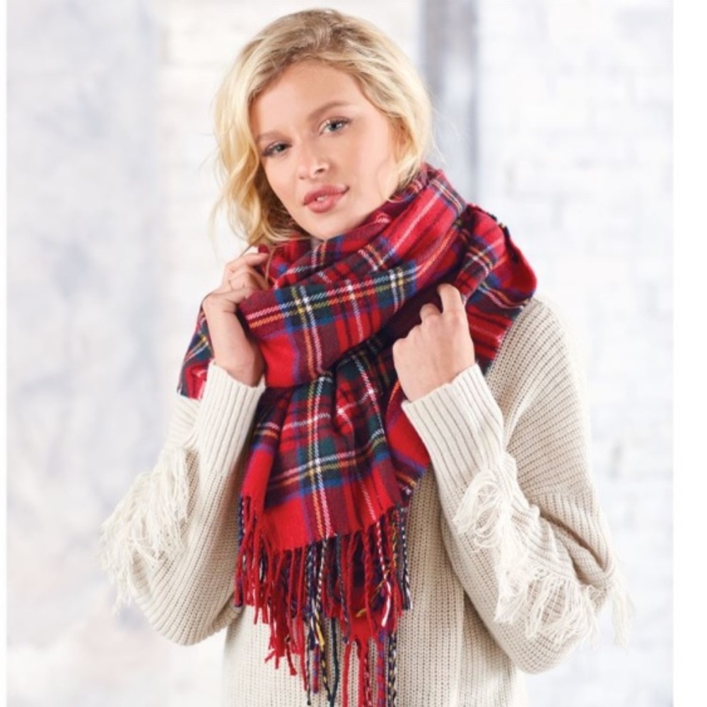 Large Preppy Women’s Scottish Red Plaid Fringed Oversized Scarf (Super Soft) - Picture 1 of 10